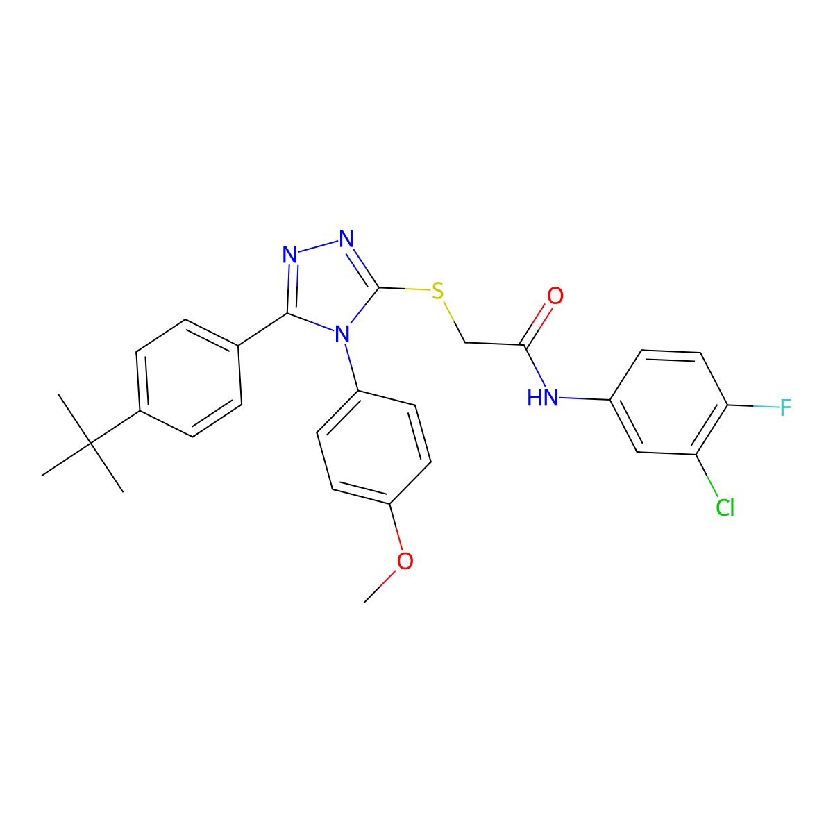 2-{[5-(4-tert-butylphenyl)-4-(4-methoxyphenyl)-4H-1,2,4-triazol-3-yl]sulfanyl}-N-(3-chloro-4-fluorophenyl)acetamide molecular structure, CAS 499103-32-1