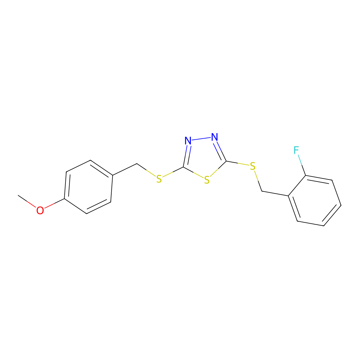 2-[(2-Fluorobenzyl)sulfanyl]-5-[(4-methoxybenzyl)sulfanyl]-1,3,4-thiadiazole molecular structure, CAS 499103-55-8