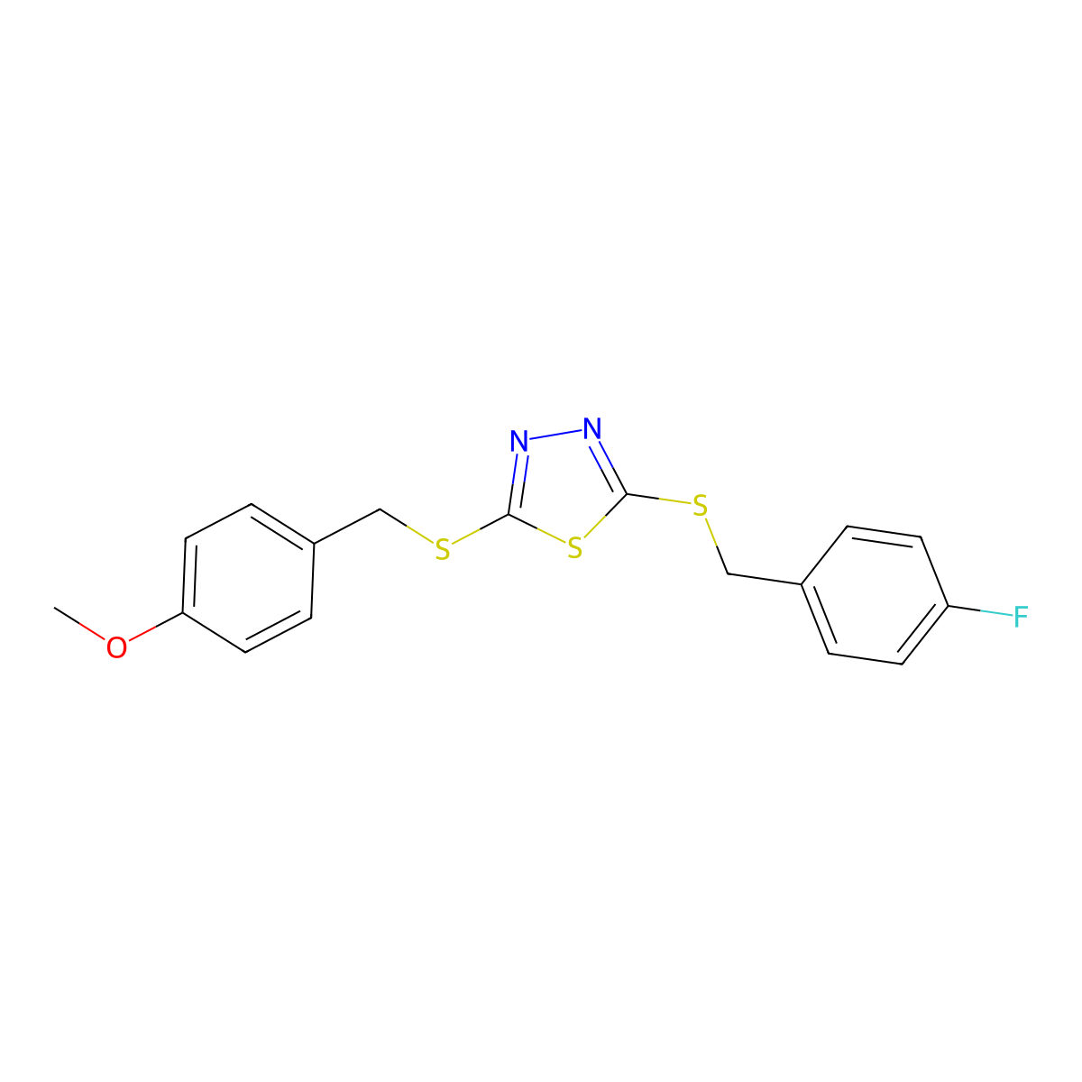 2-[(4-Fluorobenzyl)sulfanyl]-5-[(4-methoxybenzyl)sulfanyl]-1,3,4-thiadiazole molecular structure, CAS 499103-56-9