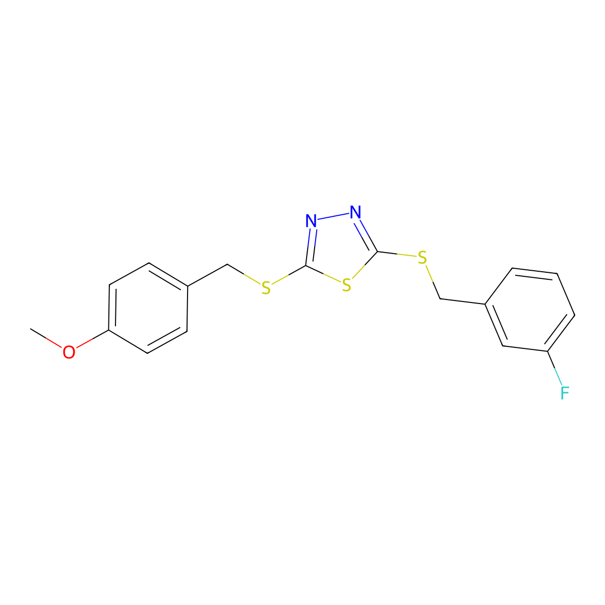 2-[(3-Fluorobenzyl)sulfanyl]-5-[(4-methoxybenzyl)sulfanyl]-1,3,4-thiadiazole molecular structure, CAS 499103-58-1