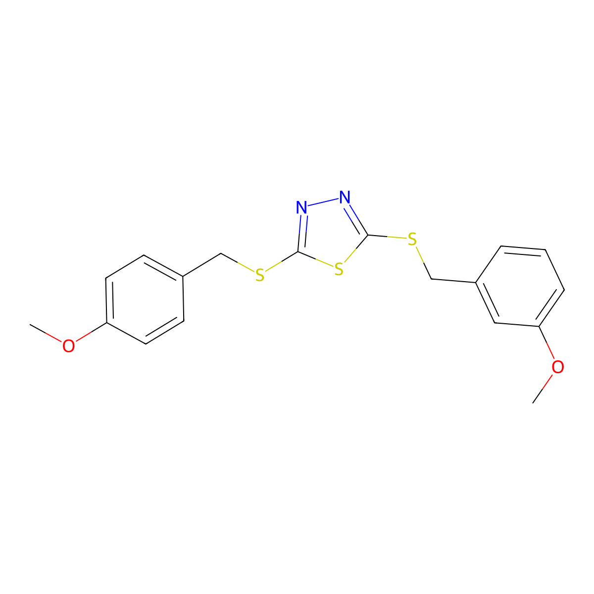 2-[(3-Methoxybenzyl)sulfanyl]-5-[(4-methoxybenzyl)sulfanyl]-1,3,4-thiadiazole molecular structure, CAS 499103-61-6