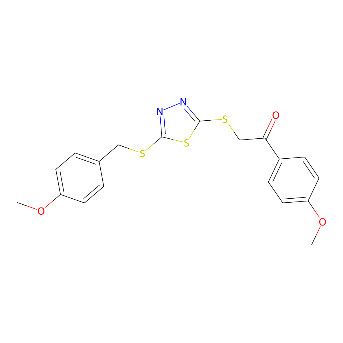 2-({5-[(4-Methoxybenzyl)sulfanyl]-1,3,4-thiadiazol-2-yl}sulfanyl)-1-(4-methoxyphenyl)ethanone molecular structure, CAS 499103-62-7