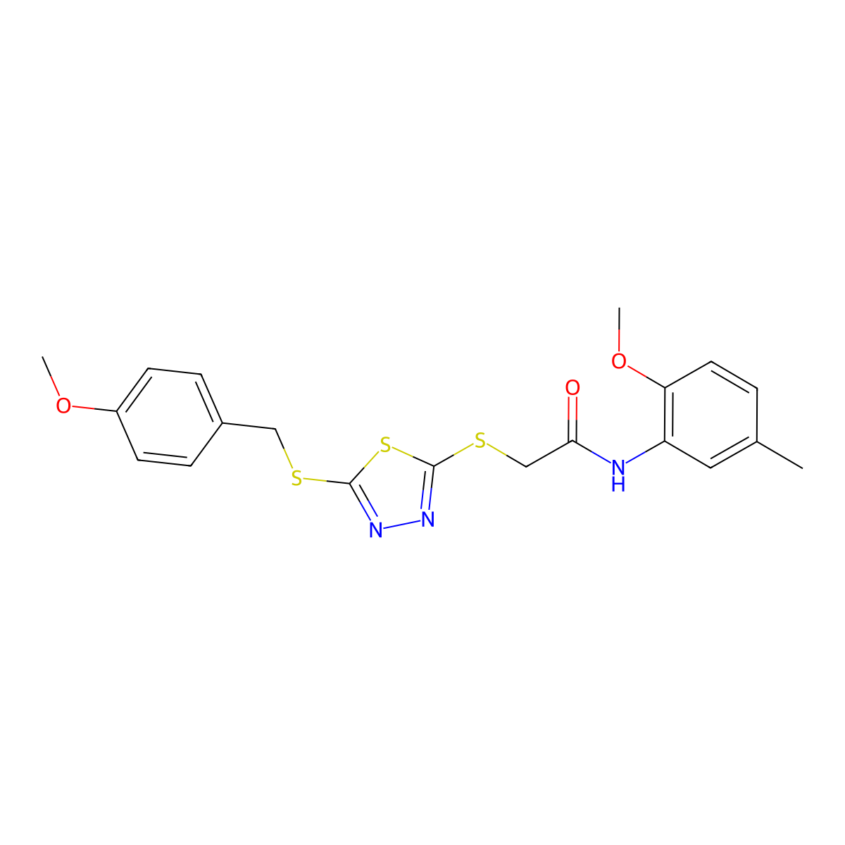 2-({5-[(4-methoxybenzyl)sulfanyl]-1,3,4-thiadiazol-2-yl}sulfanyl)-N-(2-methoxy-5-methylphenyl)acetamide molecular structure, CAS 499103-65-0