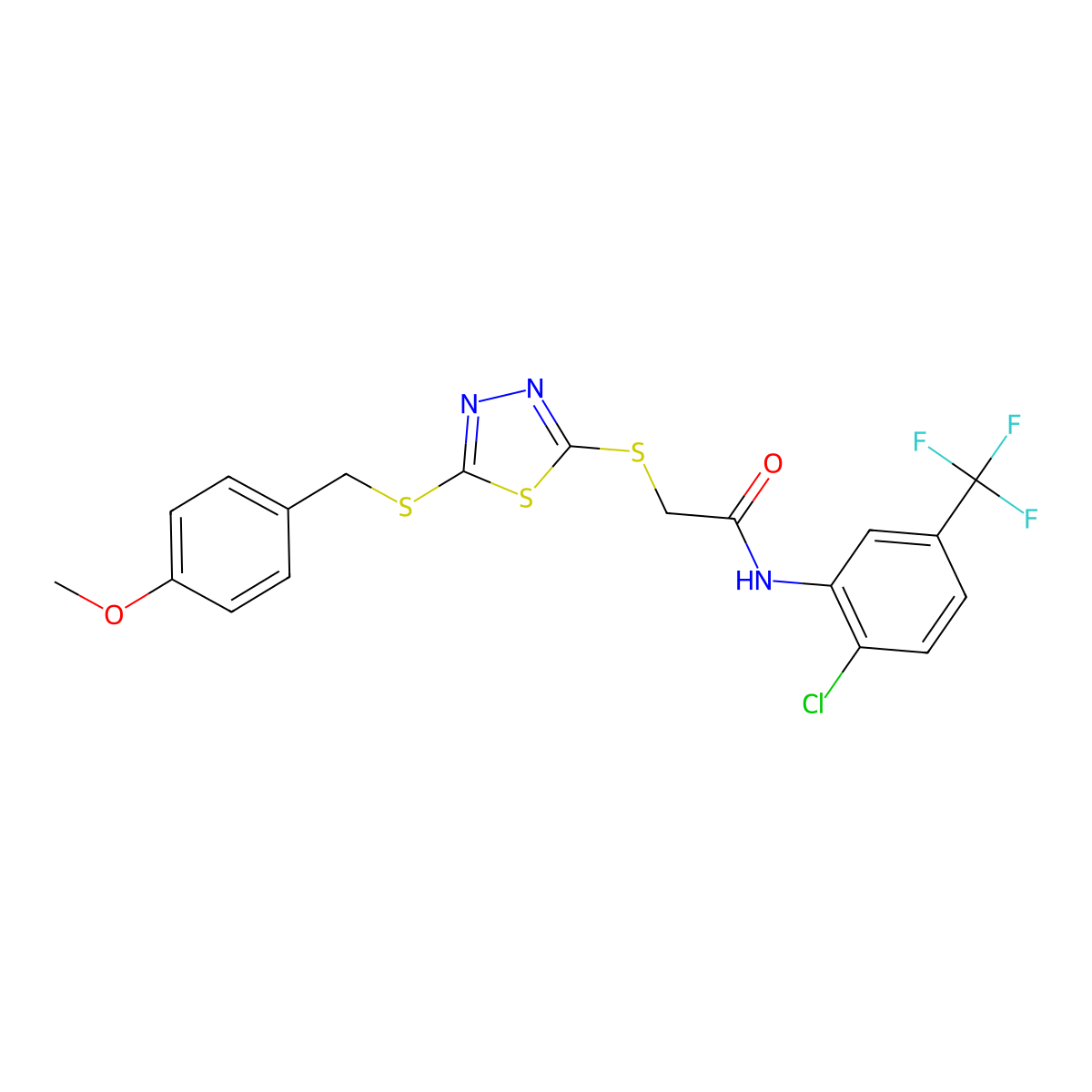 N-[2-chloro-5-(trifluoromethyl)phenyl]-2-({5-[(4-methoxybenzyl)sulfanyl]-1,3,4-thiadiazol-2-yl}sulfanyl)acetamide molecular structure, CAS 499103-66-1