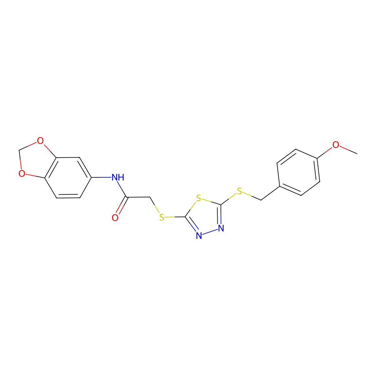 N-(1,3-benzodioxol-5-yl)-2-({5-[(4-methoxybenzyl)sulfanyl]-1,3,4-thiadiazol-2-yl}sulfanyl)acetamide molecular structure, CAS 499103-67-2