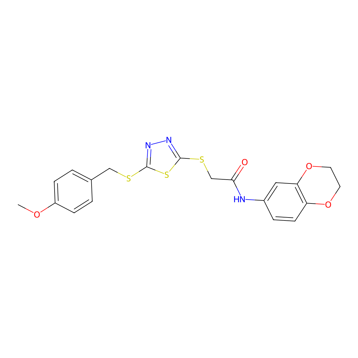 N-(2,3-Dihydro-1,4-benzodioxin-6-YL)-2-({5-[(4-methoxybenzyl)sulfanyl]-1,3,4-thiadiazol-2-YL}sulfanyl)acetamide molecular structure, CAS 499103-68-3