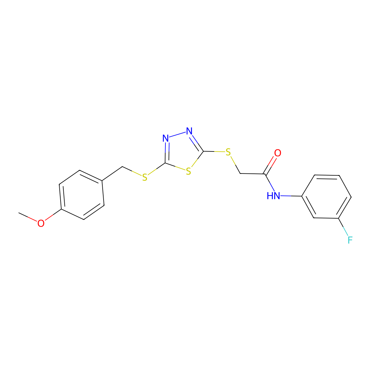 N-(3-fluorophenyl)-2-({5-[(4-methoxybenzyl)sulfanyl]-1,3,4-thiadiazol-2-yl}sulfanyl)acetamide molecular structure, CAS 499103-69-4