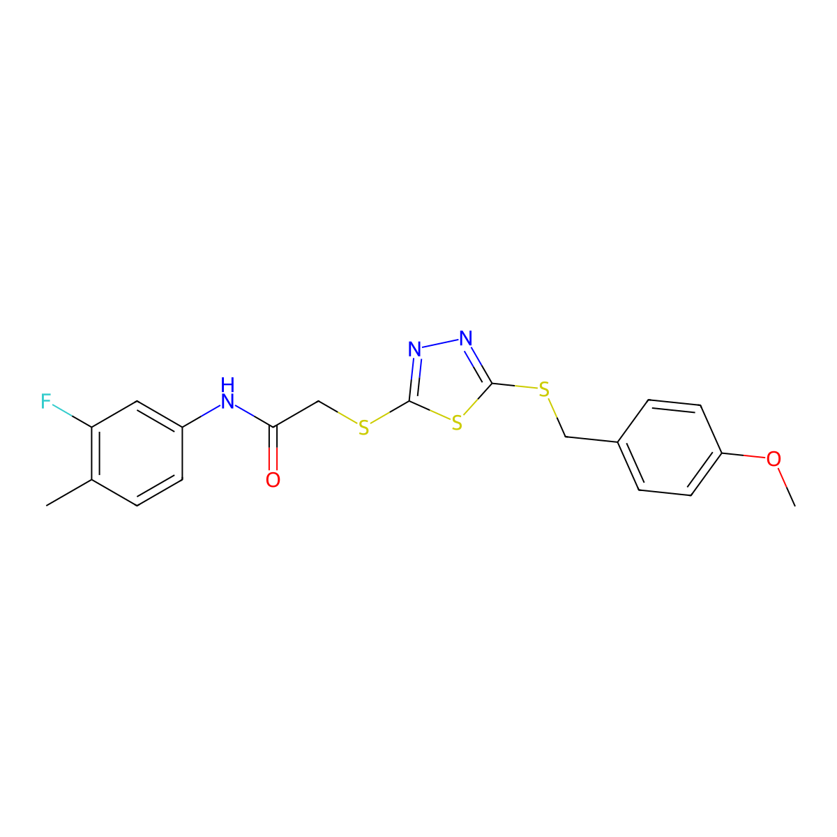 N-(3-fluoro-4-methylphenyl)-2-({5-[(4-methoxybenzyl)sulfanyl]-1,3,4-thiadiazol-2-yl}sulfanyl)acetamide molecular structure, CAS 499103-71-8