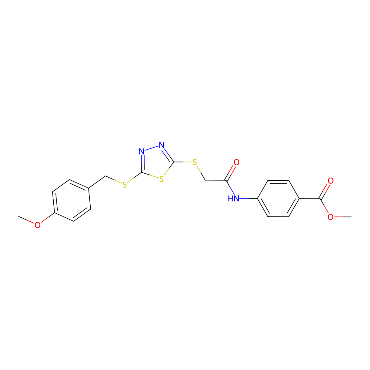 Methyl 4-{[({5-[(4-methoxybenzyl)sulfanyl]-1,3,4-thiadiazol-2-yl}sulfanyl)acetyl]amino}benzoate molecular structure, CAS 499103-72-9