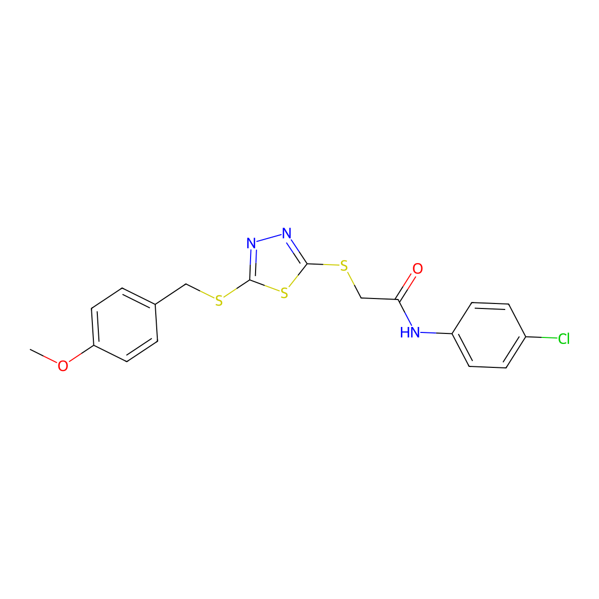 N-(4-chlorophenyl)-2-({5-[(4-methoxybenzyl)sulfanyl]-1,3,4-thiadiazol-2-yl}sulfanyl)acetamide molecular structure, CAS 499103-79-6