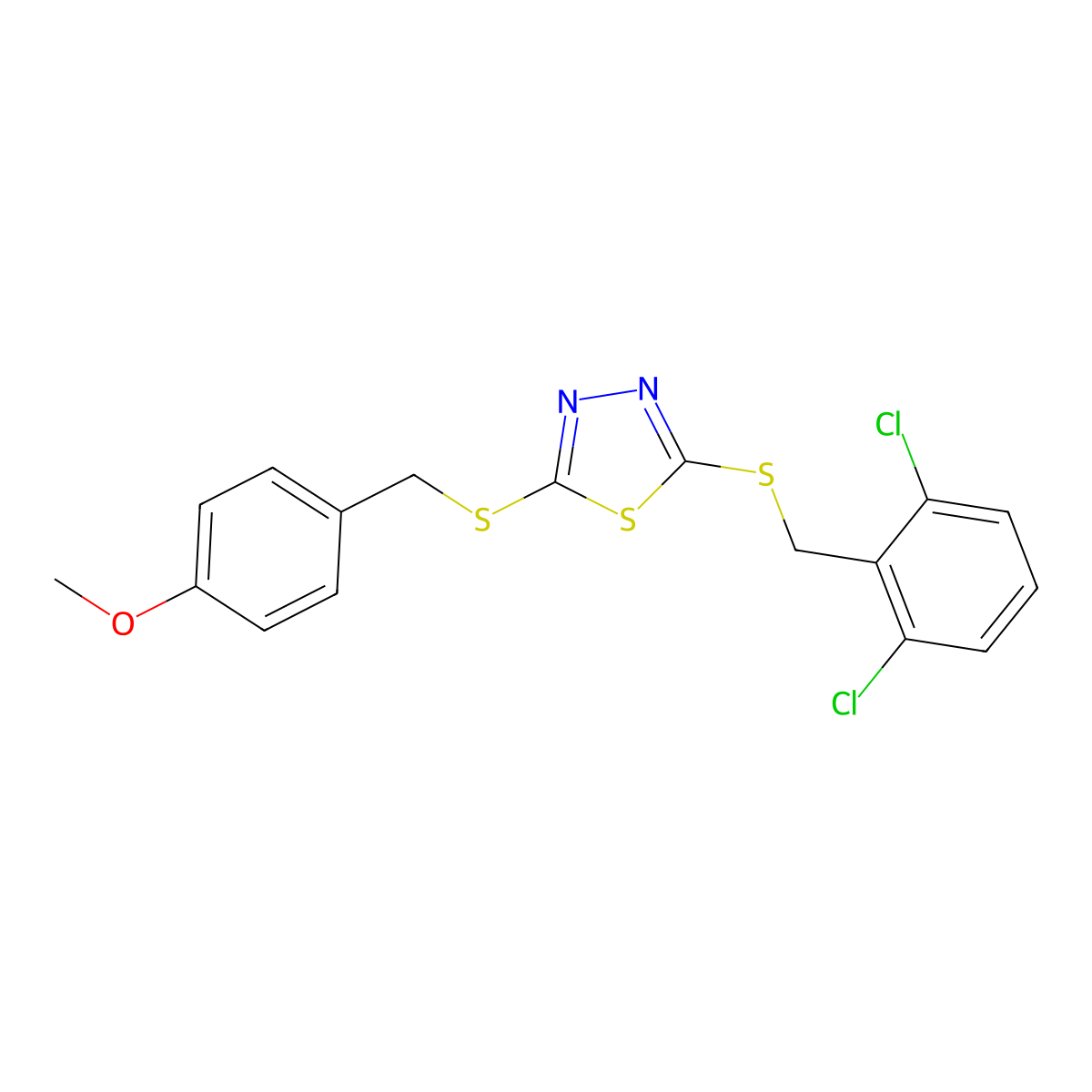 2-[(2,6-Dichlorophenyl)methylsulfanyl]-5-[(4-methoxyphenyl)methylsulfanyl]-1,3,4-thiadiazole molecular structure, CAS 499103-83-2