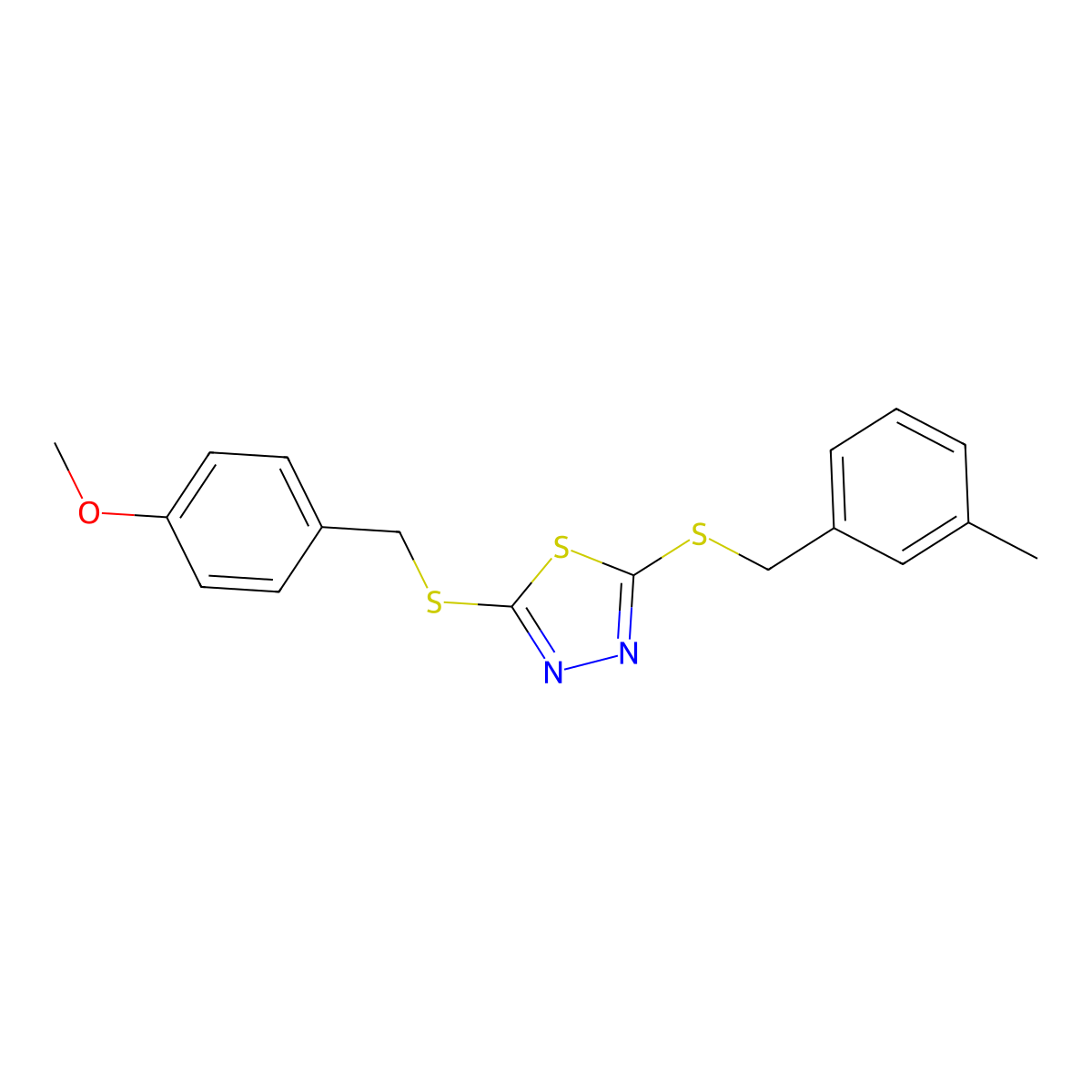 2-[(4-Methoxybenzyl)sulfanyl]-5-[(3-methylbenzyl)sulfanyl]-1,3,4-thiadiazole molecular structure, CAS 499103-88-7