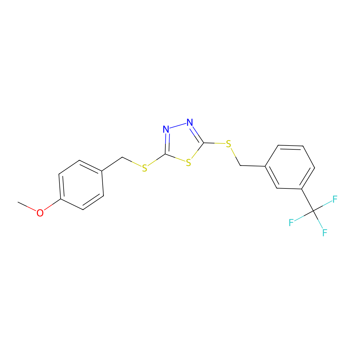 2-[(4-Methoxybenzyl)sulfanyl]-5-{[3-(trifluoromethyl)benzyl]sulfanyl}-1,3,4-thiadiazole molecular structure, CAS 499103-91-2