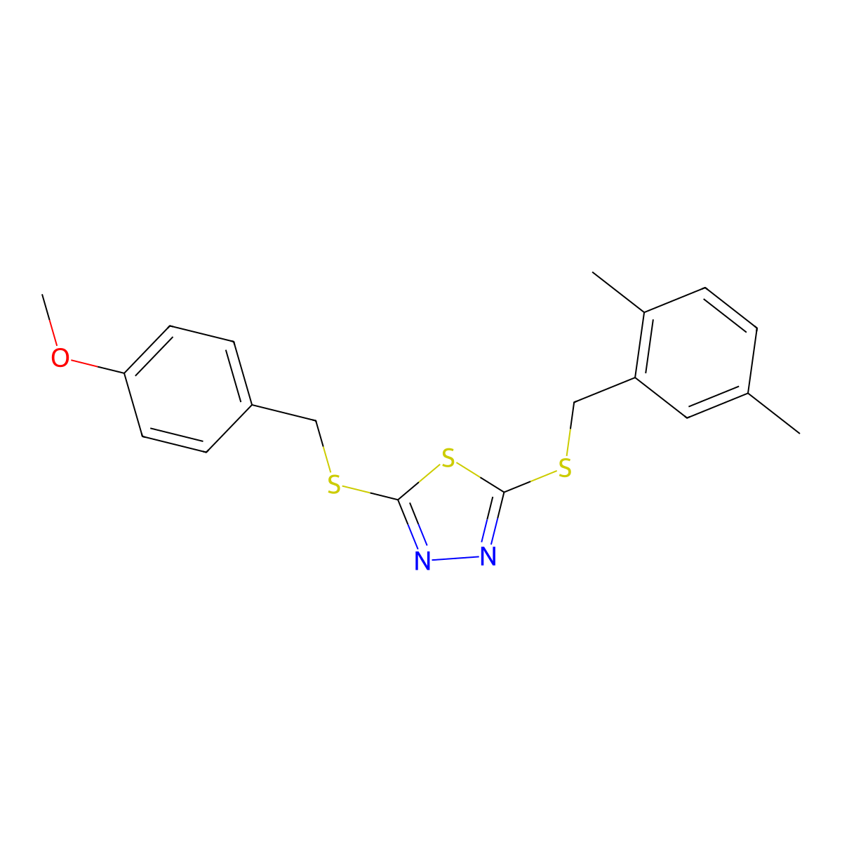 2-((2,5-Dimethylbenzyl)sulfanyl)-5-((4-methoxybenzyl)sulfanyl)-1,3,4-thiadiazole molecular structure, CAS 499103-92-3
