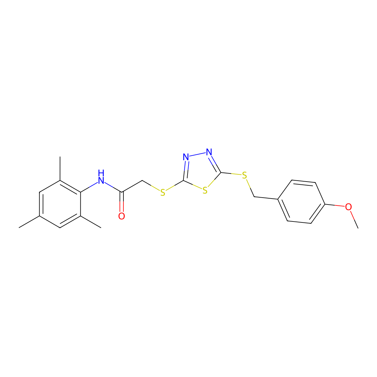 2-({5-[(4-methoxybenzyl)sulfanyl]-1,3,4-thiadiazol-2-yl}sulfanyl)-N-(2,4,6-trimethylphenyl)acetamide molecular structure, CAS 499103-94-5