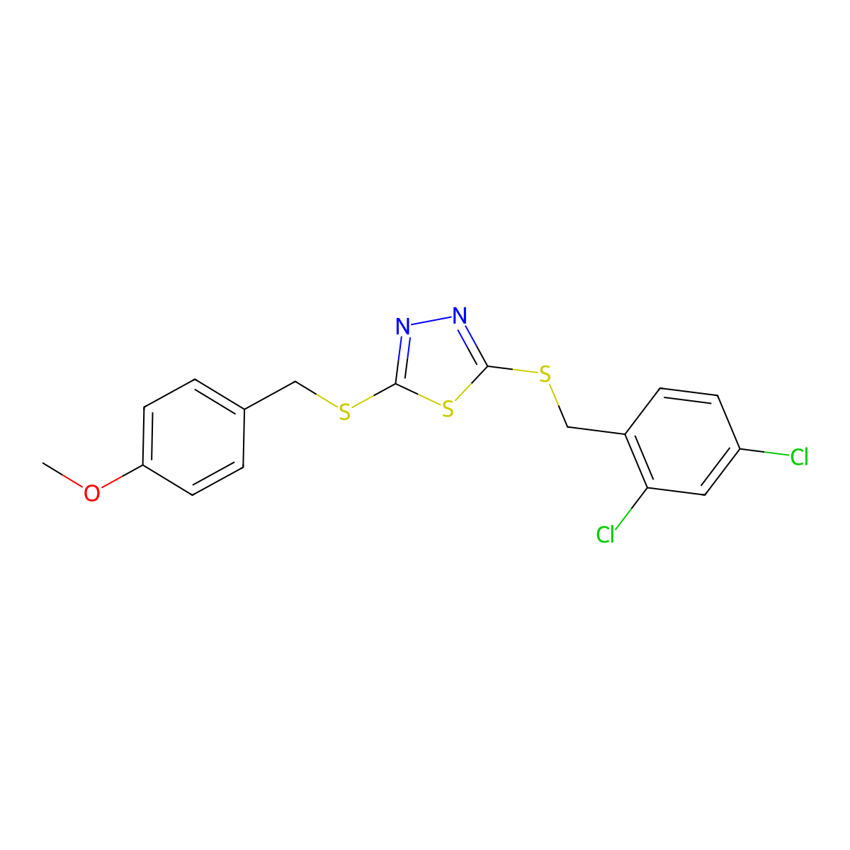2-[(2,4-Dichlorobenzyl)sulfanyl]-5-[(4-methoxybenzyl)sulfanyl]-1,3,4-thiadiazole molecular structure, CAS 499103-95-6