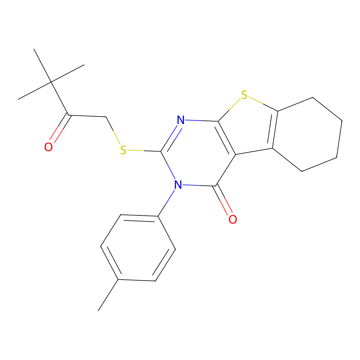 2-[(3,3-dimethyl-2-oxobutyl)sulfanyl]-3-(4-methylphenyl)-5,6,7,8-tetrahydro[1]benzothieno[2,3-d]pyrimidin-4(3H)-one molecular structure, CAS 499104-51-7