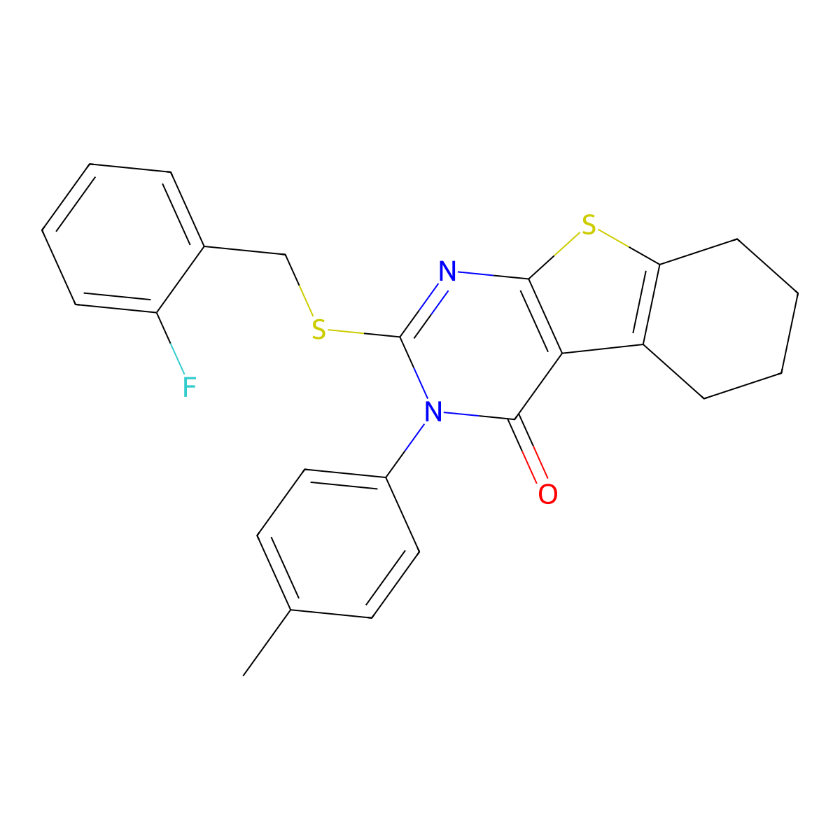 2-[(2-fluorobenzyl)sulfanyl]-3-(4-methylphenyl)-5,6,7,8-tetrahydro[1]benzothieno[2,3-d]pyrimidin-4(3H)-one molecular structure, CAS 499104-53-9