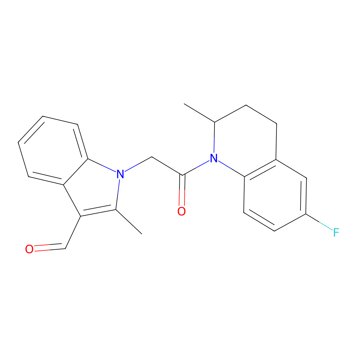 1-[2-(6-fluoro-2-methyl-3,4-dihydroquinolin-1(2H)-yl)-2-oxoethyl]-2-methyl-1H-indole-3-carbaldehyde molecular structure, CAS 499111-64-7