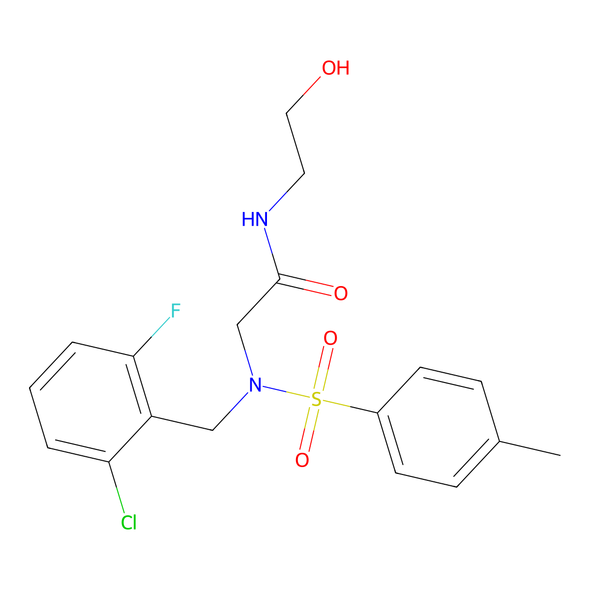 2-[(2-chloro-6-fluorophenyl)methyl-(4-methylphenyl)sulfonylamino]-N-(2-hydroxyethyl)acetamide molecular structure, CAS 499112-96-8