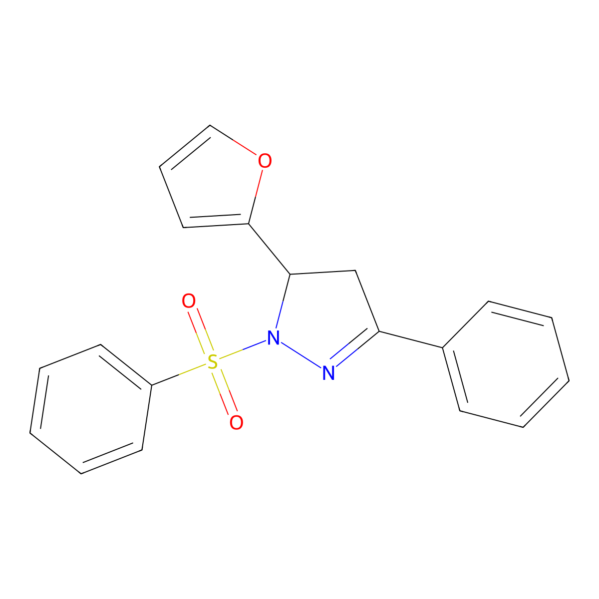 5-(2-furyl)-3-phenyl-1-(phenylsulfonyl)-4,5-dihydro-1H-pyrazole molecular structure, CAS 499116-42-6