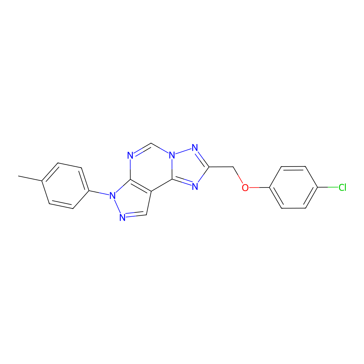 2-((4-chlorophenoxy)methyl)-7-(p-tolyl)-7H-pyrazolo[4,3-e][1,2,4]triazolo[1,5-c]pyrimidine molecular structure, CAS 499116-59-5