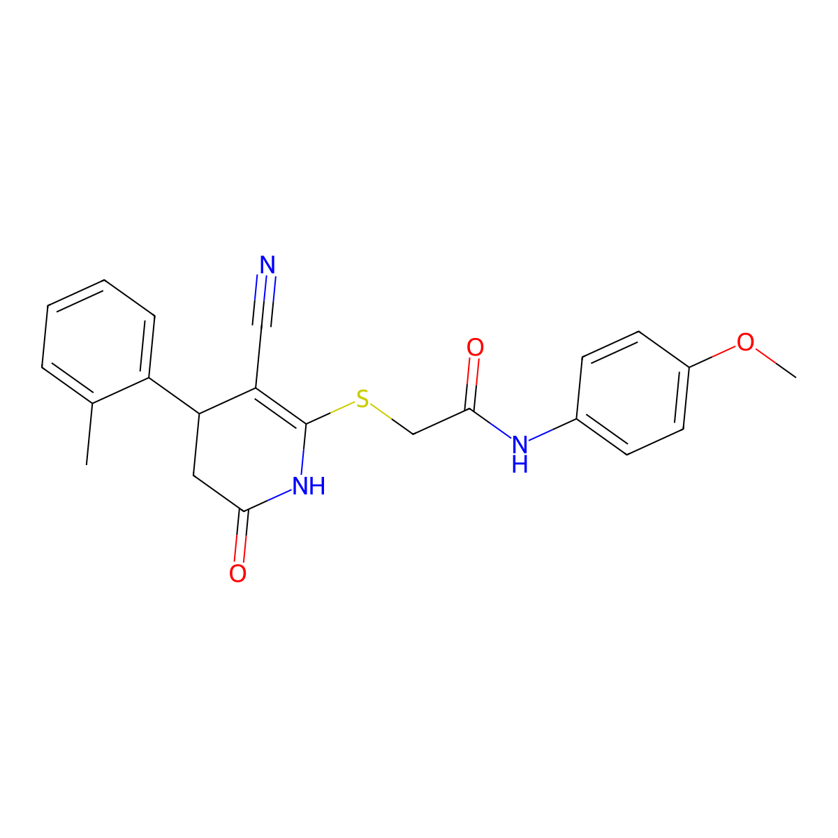 2-[[5-cyano-4-(2-methylphenyl)-2-oxo-3,4-dihydro-1H-pyridin-6-yl]sulfanyl]-N-(4-methoxyphenyl)acetamide molecular structure, CAS 499116-87-9