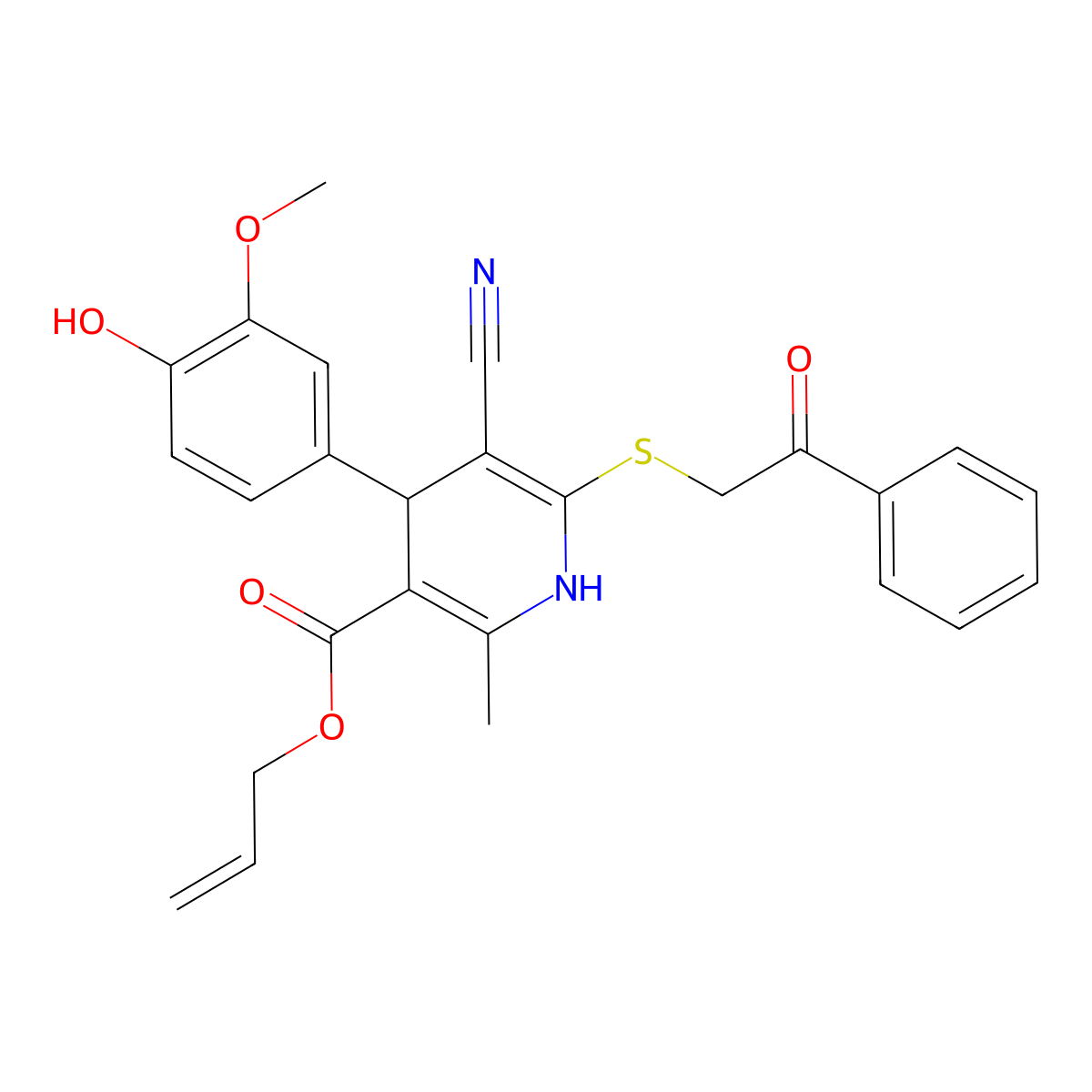 Allyl 5-cyano-4-(4-hydroxy-3-methoxyphenyl)-2-methyl-6-((2-oxo-2-phenylethyl)thio)-1,4-dihydropyridine-3-carboxylate molecular structure, CAS 499116-89-1