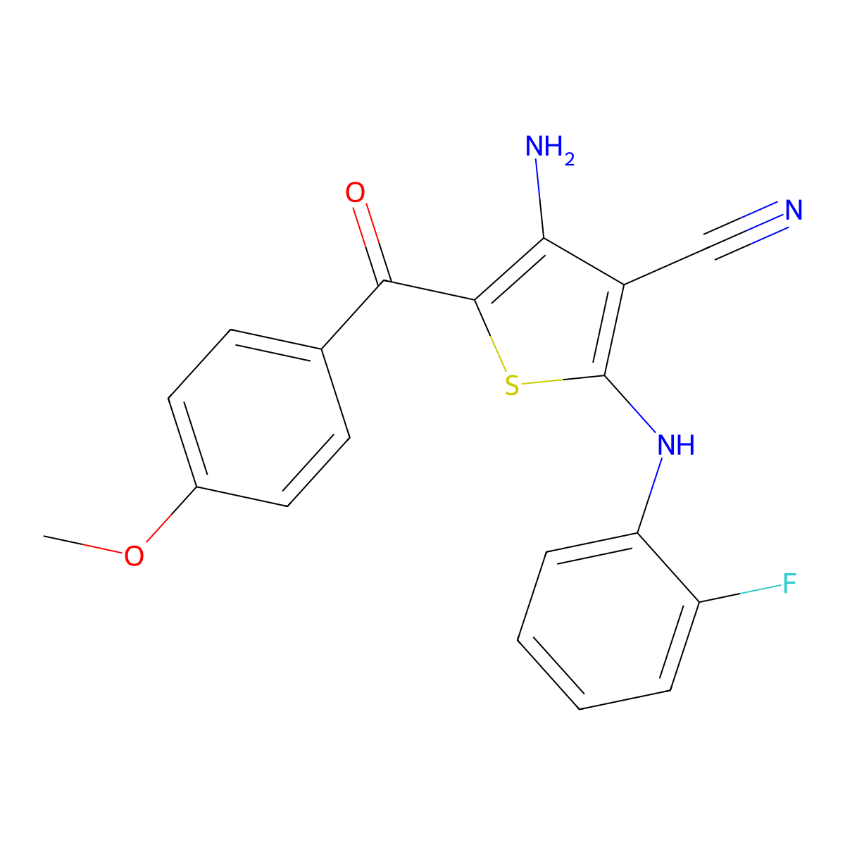 4-Amino-2-(2-fluoroanilino)-5-(4-methoxybenzoyl)thiophene-3-carbonitrile molecular structure, CAS 499117-47-4