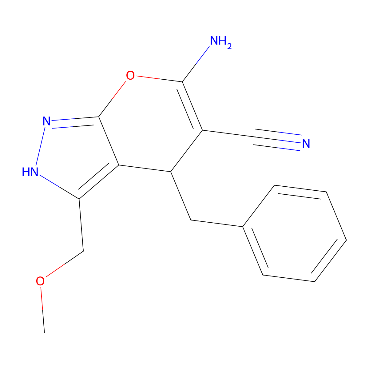 6-Amino-4-benzyl-3-(methoxymethyl)-2,4-dihydropyrano[2,3-c]pyrazole-5-carbonitrile molecular structure, CAS 499117-78-1
