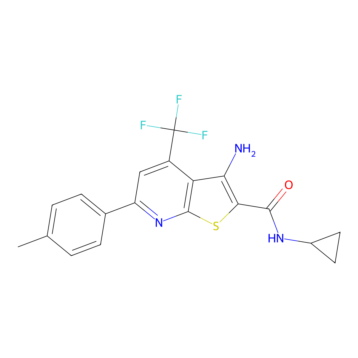 3-amino-N-cyclopropyl-6-(4-methylphenyl)-4-(trifluoromethyl)thieno[2,3-b]pyridine-2-carboxamide molecular structure, CAS 499118-04-6