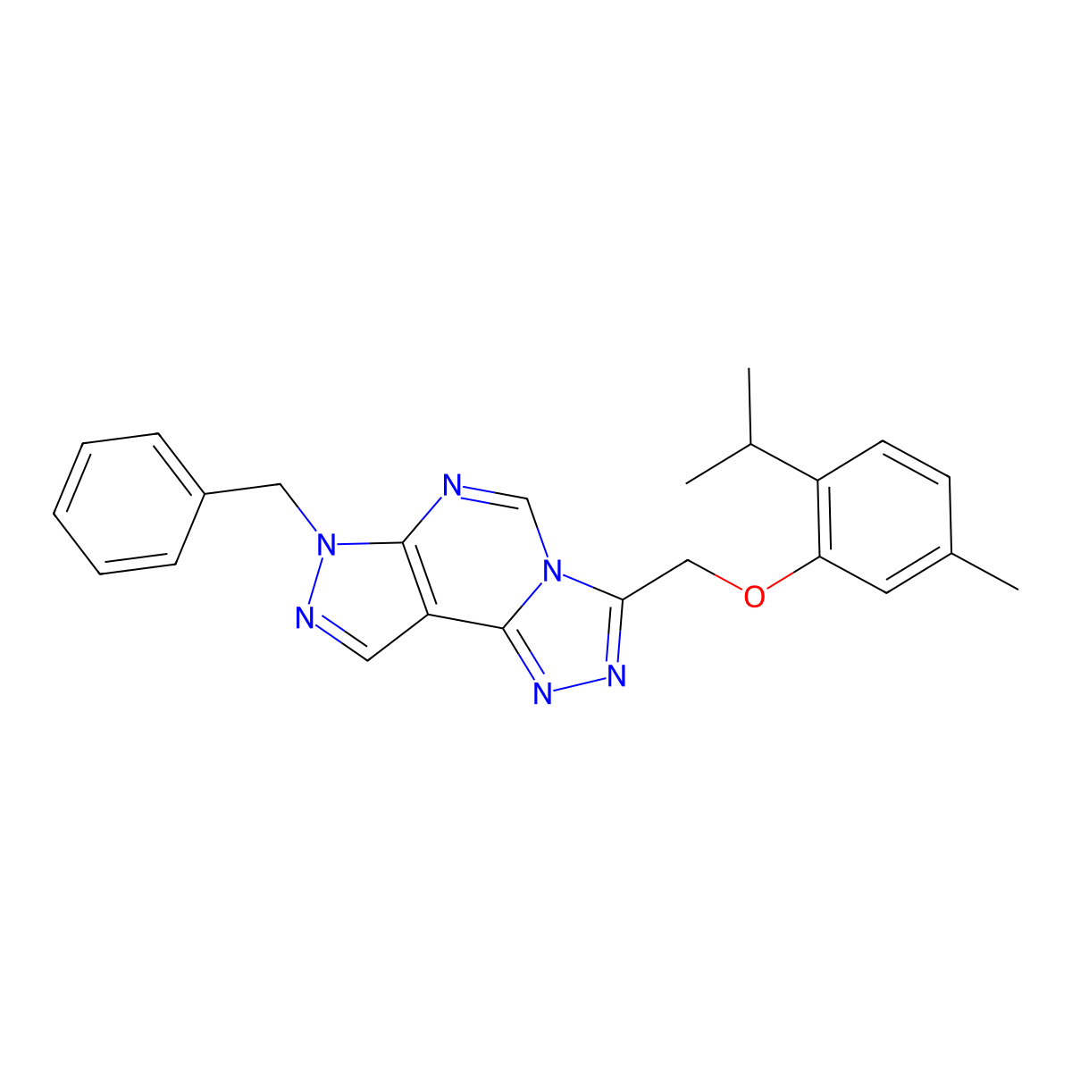 7-benzyl-3-((2-isopropyl-5-methylphenoxy)methyl)-7H-pyrazolo[4,3-e][1,2,4]triazolo[4,3-c]pyrimidine molecular structure, CAS 499118-24-0