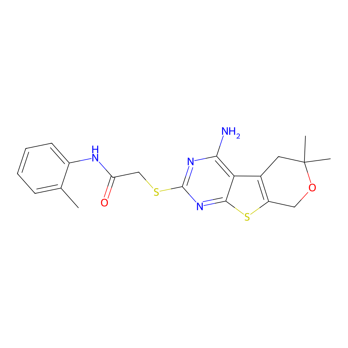 2-[(4-amino-6,6-dimethyl-5,8-dihydropyrano[4,5]thieno[1,2-c]pyrimidin-2-yl)sulfanyl]-N-(2-methylphenyl)acetamide molecular structure, CAS 499119-72-1