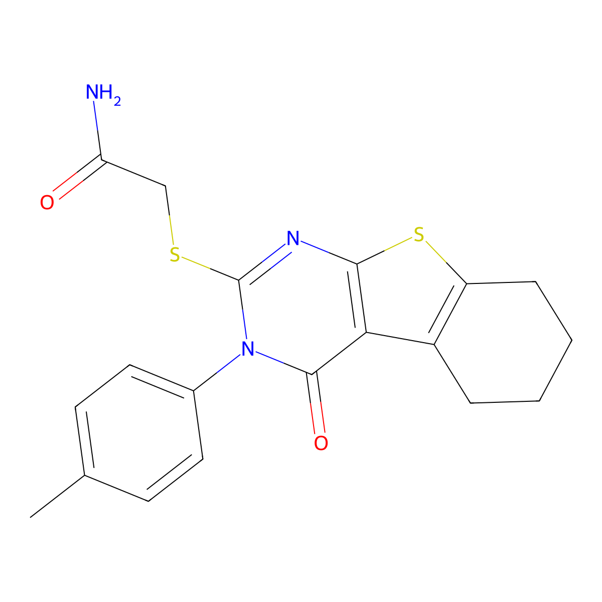 2-{[3-(4-Methylphenyl)-4-oxo-3,4,5,6,7,8-hexahydro[1]benzothieno[2,3-d]pyrimidin-2-yl]sulfanyl}acetamide molecular structure, CAS 499124-07-1
