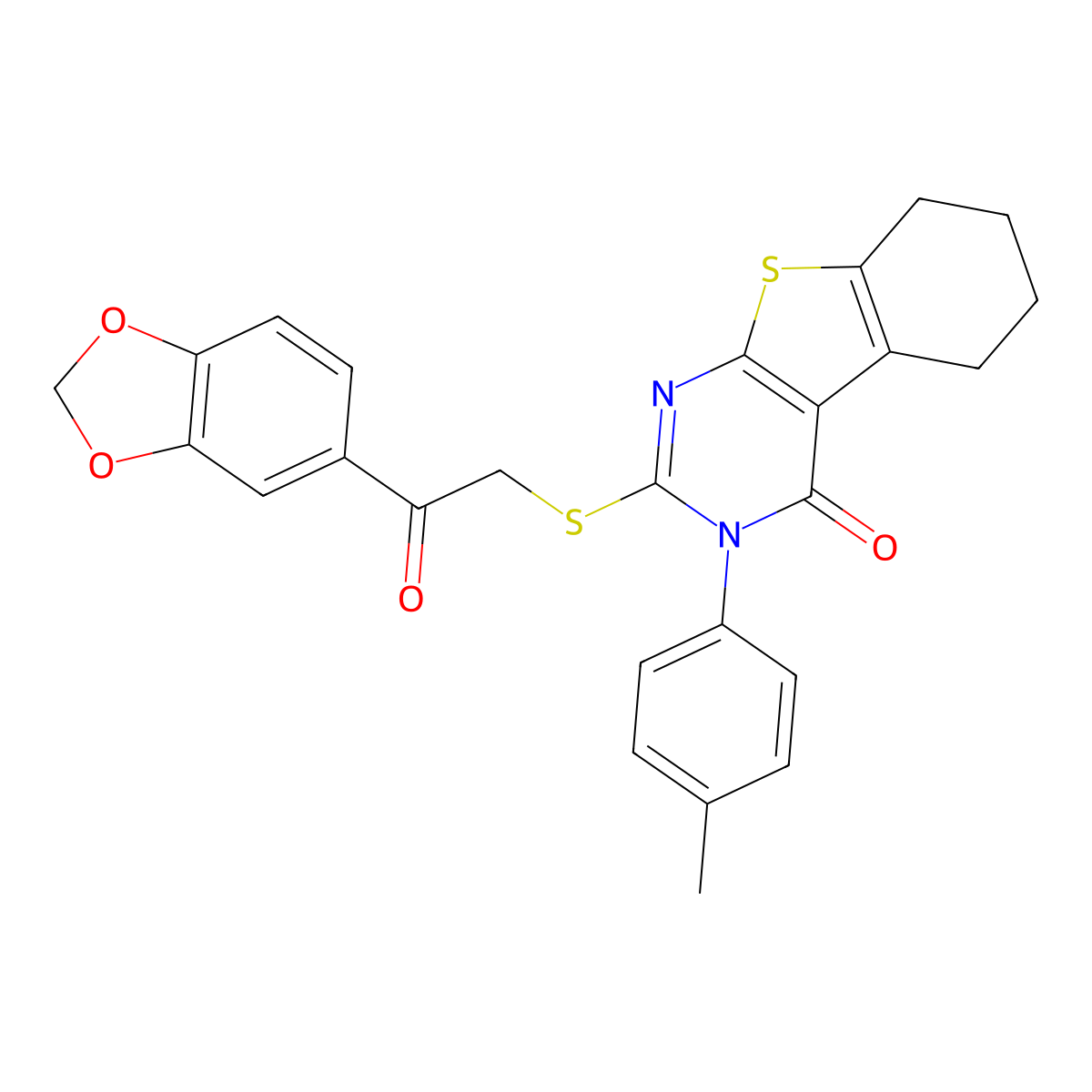 2-{[2-(1,3-benzodioxol-5-yl)-2-oxoethyl]sulfanyl}-3-(4-methylphenyl)-5,6,7,8-tetrahydro[1]benzothieno[2,3-d]pyrimidin-4(3H)-one molecular structure, CAS 499124-13-9