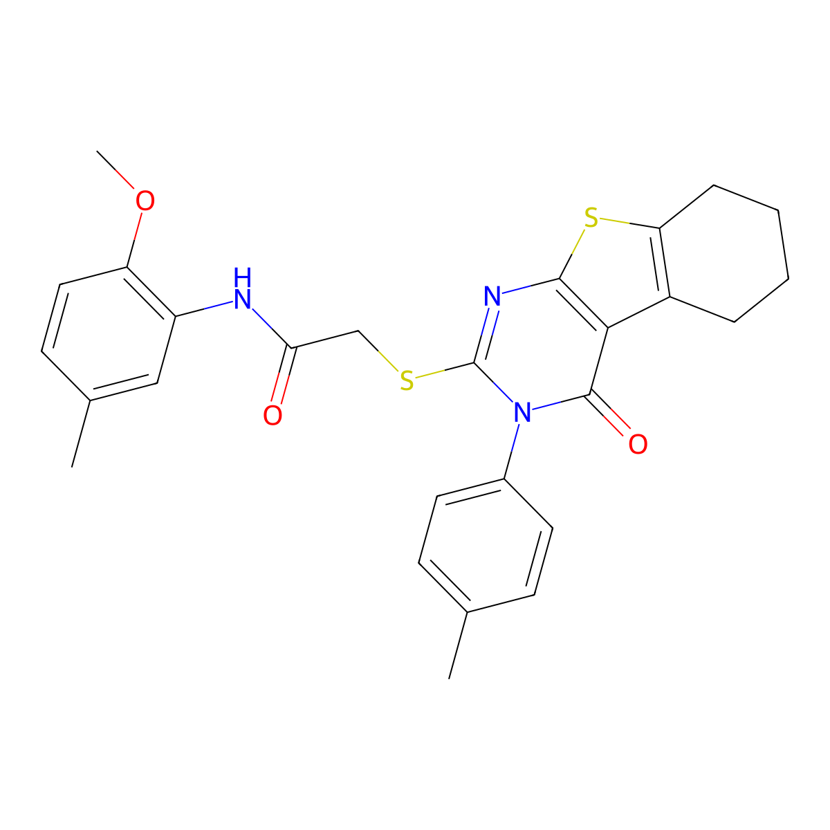 N-(2-methoxy-5-methylphenyl)-2-{[3-(4-methylphenyl)-4-oxo-3,4,5,6,7,8-hexahydro[1]benzothieno[2,3-d]pyrimidin-2-yl]sulfanyl}acetamide molecular structure, CAS 499124-16-2