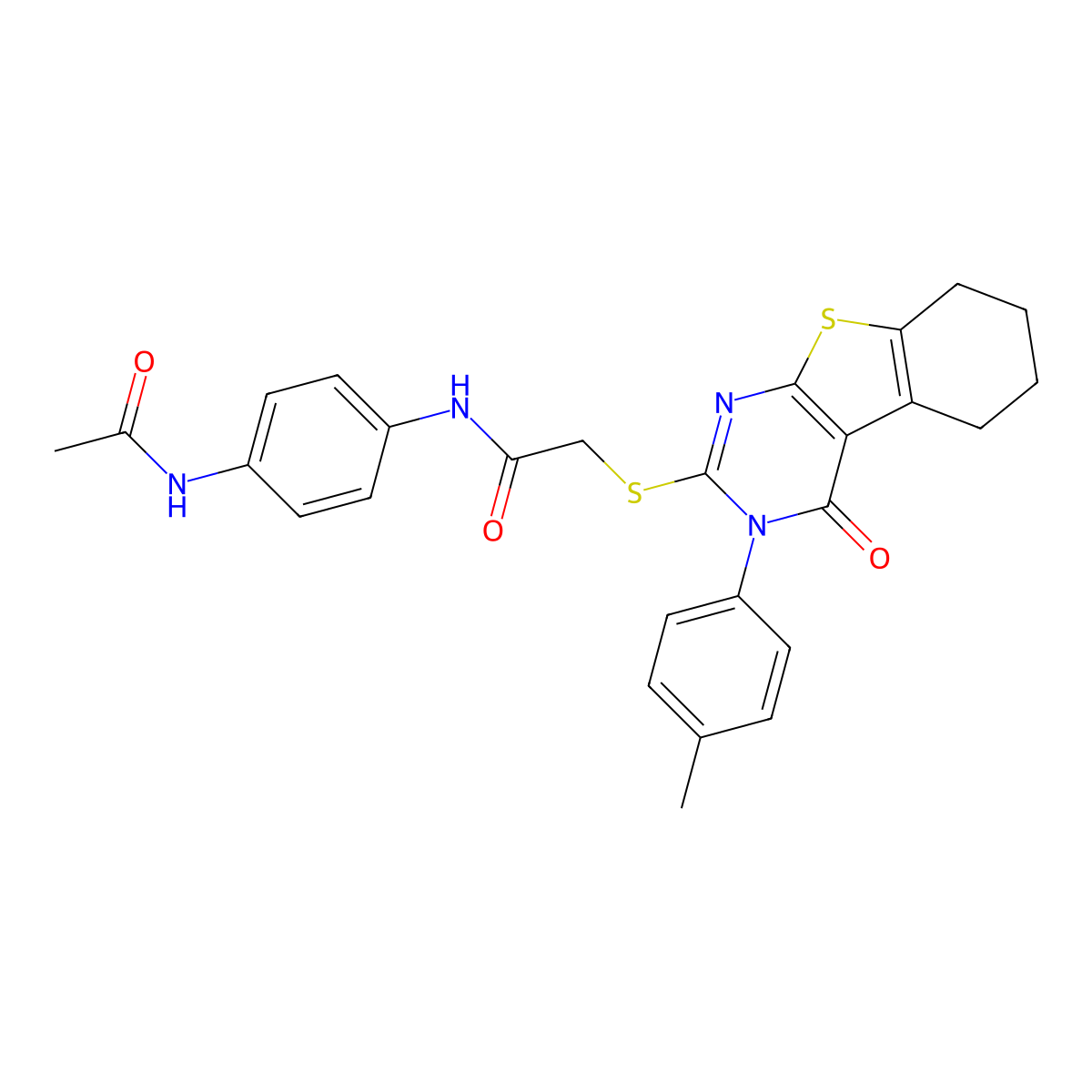 N-[4-(acetylamino)phenyl]-2-{[3-(4-methylphenyl)-4-oxo-3,4,5,6,7,8-hexahydro[1]benzothieno[2,3-d]pyrimidin-2-yl]sulfanyl}acetamide molecular structure, CAS 499124-17-3