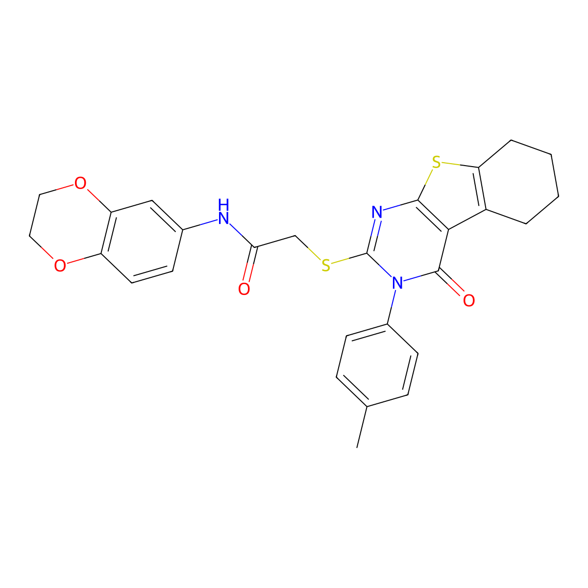 N-(2,3-dihydro-1,4-benzodioxin-6-yl)-2-{[3-(4-methylphenyl)-4-oxo-3,4,5,6,7,8-hexahydro[1]benzothieno[2,3-d]pyrimidin-2-yl]sulfanyl}acetamide molecular structure, CAS 499124-19-5