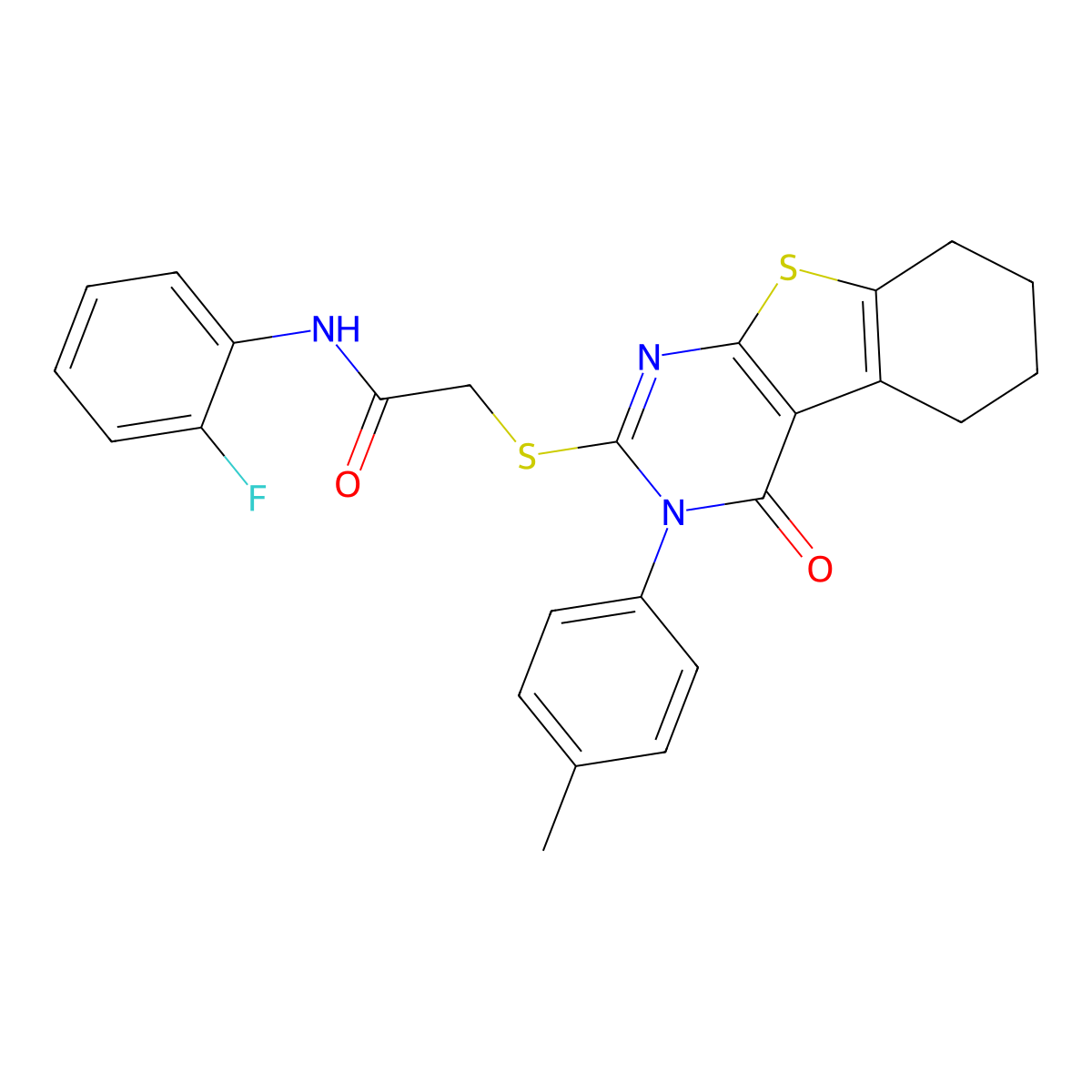 N-(2-fluorophenyl)-2-{[3-(4-methylphenyl)-4-oxo-3,4,5,6,7,8-hexahydro[1]benzothieno[2,3-d]pyrimidin-2-yl]sulfanyl}acetamide molecular structure, CAS 499124-21-9