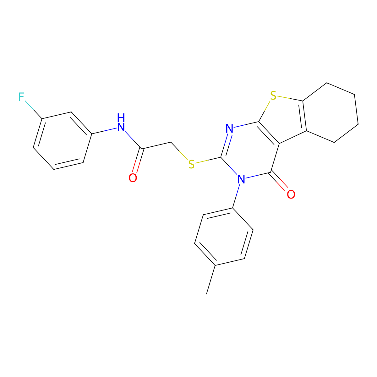 N-(3-fluorophenyl)-2-{[3-(4-methylphenyl)-4-oxo-3,4,5,6,7,8-hexahydro[1]benzothieno[2,3-d]pyrimidin-2-yl]sulfanyl}acetamide molecular structure, CAS 499124-23-1