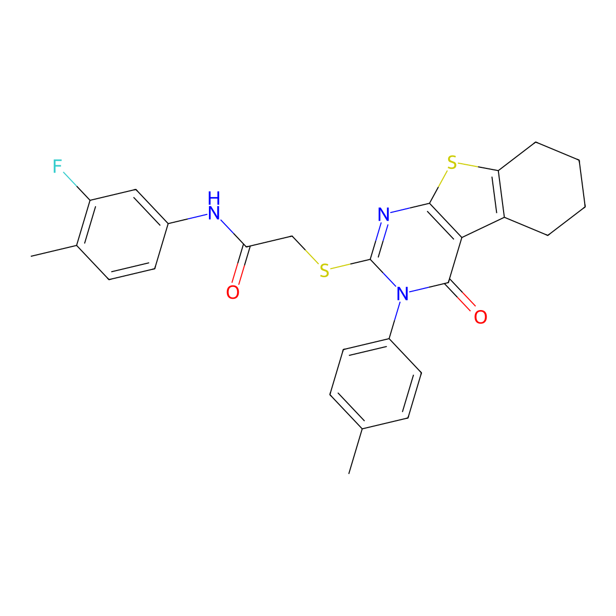 N-(3-fluoro-4-methylphenyl)-2-{[3-(4-methylphenyl)-4-oxo-3,4,5,6,7,8-hexahydro[1]benzothieno[2,3-d]pyrimidin-2-yl]sulfanyl}acetamide molecular structure, CAS 499124-27-5