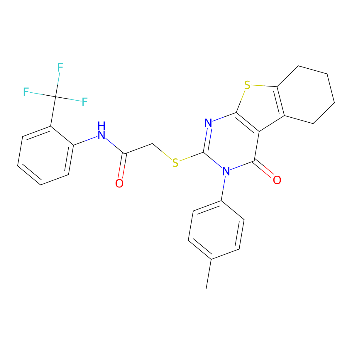 2-{[3-(4-methylphenyl)-4-oxo-3,4,5,6,7,8-hexahydro[1]benzothieno[2,3-d]pyrimidin-2-yl]sulfanyl}-N-[2-(trifluoromethyl)phenyl]acetamide molecular structure, CAS 499124-32-2