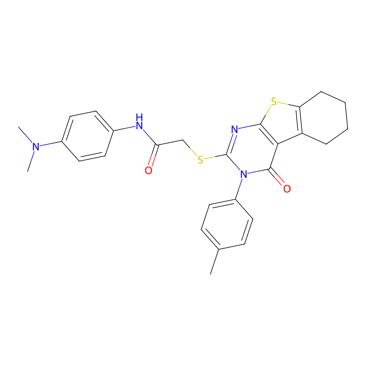 N-[4-(dimethylamino)phenyl]-2-{[3-(4-methylphenyl)-4-oxo-3,4,5,6,7,8-hexahydro[1]benzothieno[2,3-d]pyrimidin-2-yl]sulfanyl}acetamide molecular structure, CAS 499124-34-4