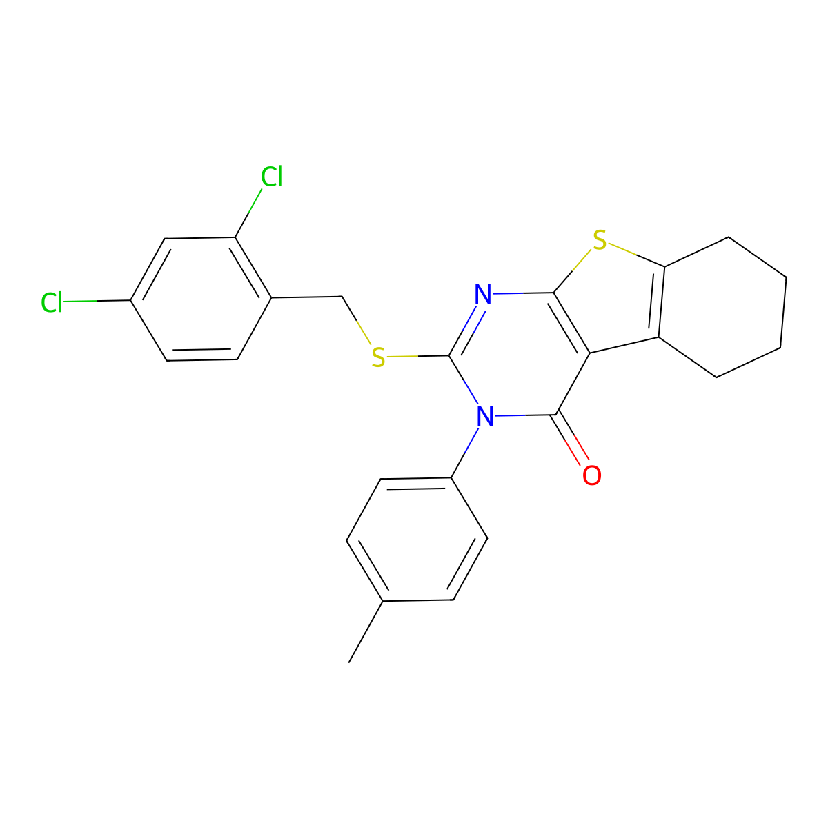 2-[(2,4-dichlorobenzyl)sulfanyl]-3-(4-methylphenyl)-5,6,7,8-tetrahydro[1]benzothieno[2,3-d]pyrimidin-4(3H)-one molecular structure, CAS 499124-43-5