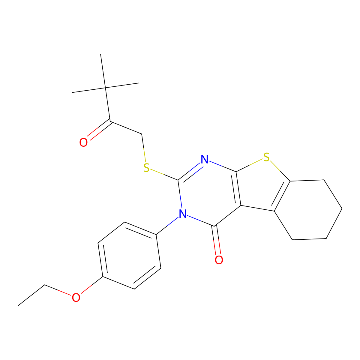 2-[(3,3-dimethyl-2-oxobutyl)sulfanyl]-3-(4-ethoxyphenyl)-5,6,7,8-tetrahydro[1]benzothieno[2,3-d]pyrimidin-4(3H)-one molecular structure, CAS 499125-29-0