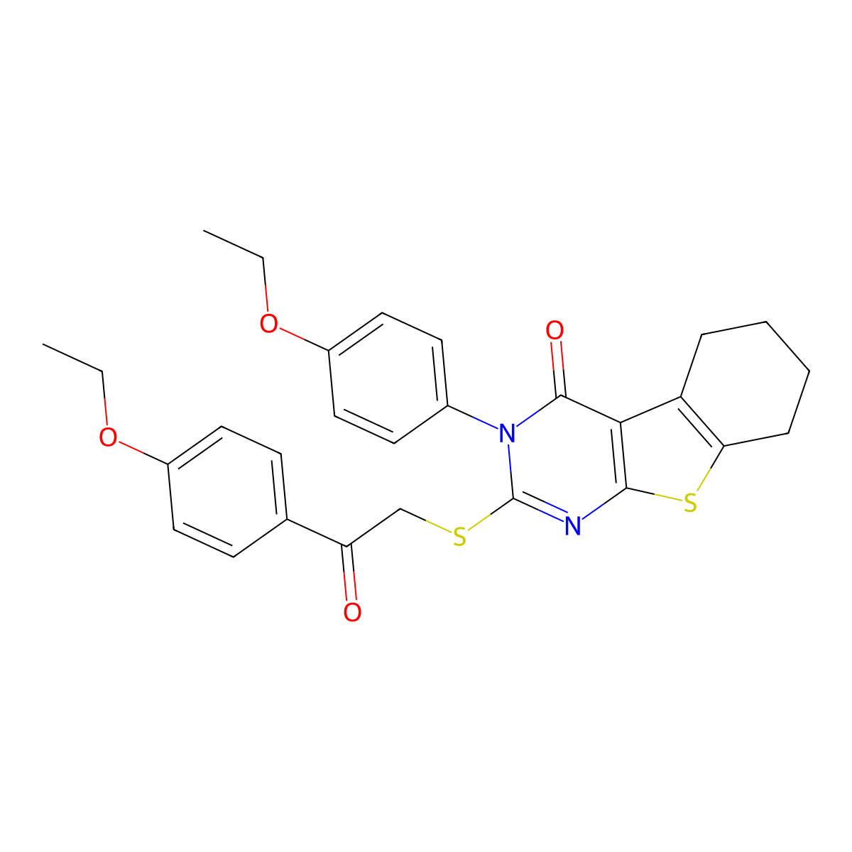 3-(4-ethoxyphenyl)-2-{[2-(4-ethoxyphenyl)-2-oxoethyl]sulfanyl}-5,6,7,8-tetrahydro[1]benzothieno[2,3-d]pyrimidin-4(3H)-one molecular structure, CAS 499125-36-9