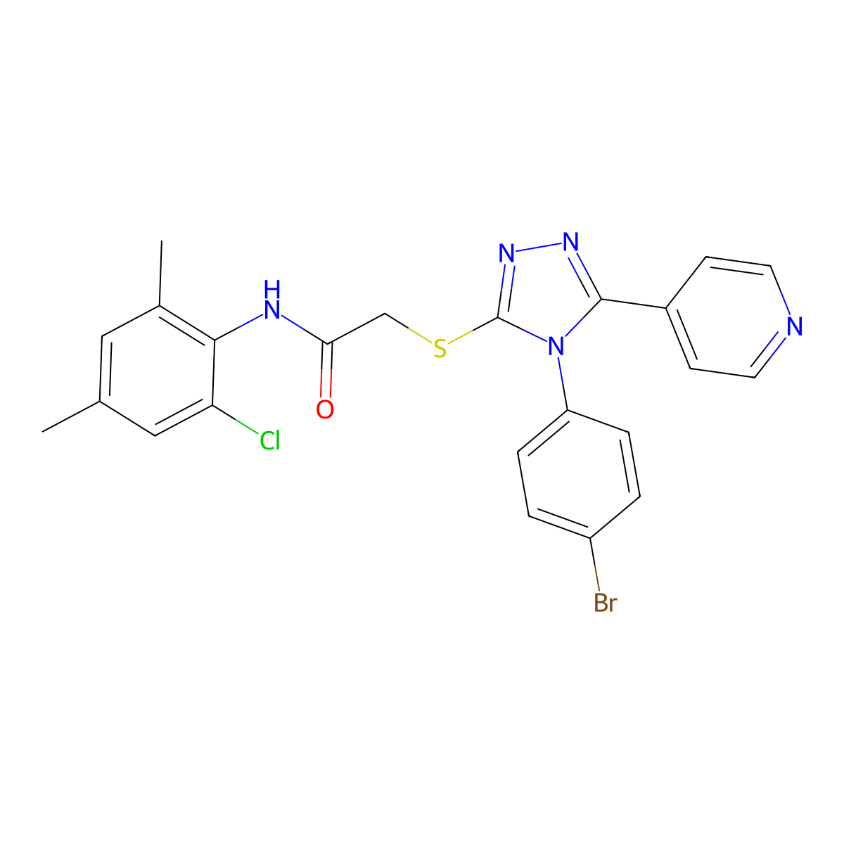 2-{[4-(4-bromophenyl)-5-(pyridin-4-yl)-4H-1,2,4-triazol-3-yl]sulfanyl}-N-(2-chloro-4,6-dimethylphenyl)acetamide molecular structure, CAS 499125-55-2