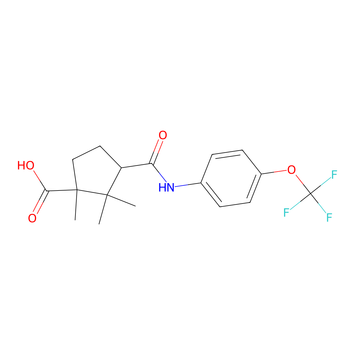 1,2,2-Trimethyl-3-((4-(trifluoromethoxy)phenyl)carbamoyl)cyclopentanecarboxylic acid molecular structure, CAS 499183-32-3