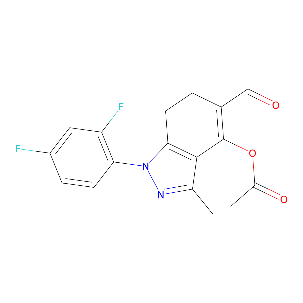 1-(2,4-difluorophenyl)-5-formyl-3-methyl-6,7-dihydro-1H-indazol-4-yl acetate molecular structure, CAS 499198-07-1