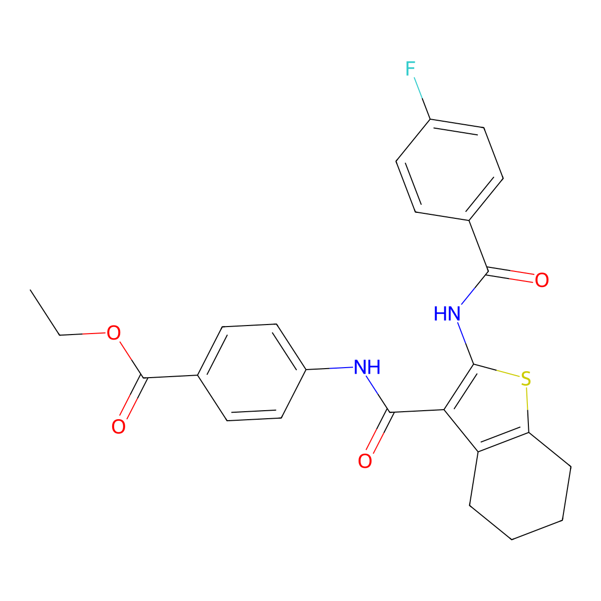 Ethyl 4-[({2-[(4-fluorobenzoyl)amino]-4,5,6,7-tetrahydro-1-benzothien-3-yl}carbonyl)amino]benzoate molecular structure, CAS 499198-29-7